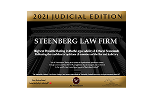 2021 judicial edition Steenberg Law Firm highest possible rating in both legal ability & ethical standards reflecting the confidential opinions of members of the Bar and Judiciary