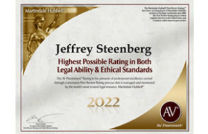 Martindale Hubbell AV Preeminent Award For Jeffrey Steenberg Highest Possible Rating In Both Legal Ability & Ethical Standards 2022